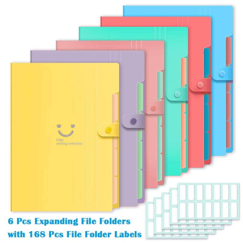 Selizo 6 Pcs Expanding File Folder with 5 Pockets Organizer Plastic A4 Size and 168 Pcs File Folder Labels for School Teacher and Office - Image 2